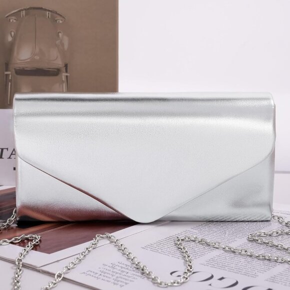 Evening Bag Clutch Purse for Women, Silver Formal Handbag with Crossbody Chain, - Picture 3 of 7